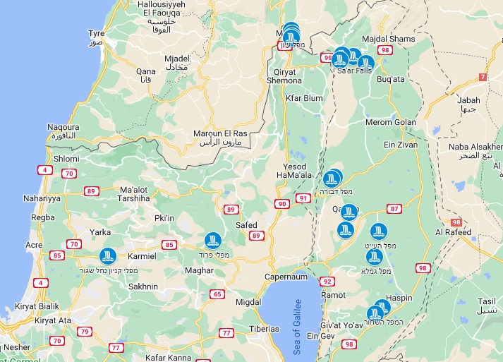 מפה עם ציון מפלים בצפון הארץ